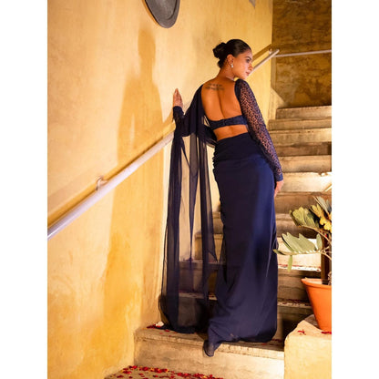 DEASHA INDIA Navy Blue Pre Draped Saree with Stitched Blouse