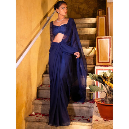 DEASHA INDIA Navy Blue Pre Draped Saree with Stitched Blouse