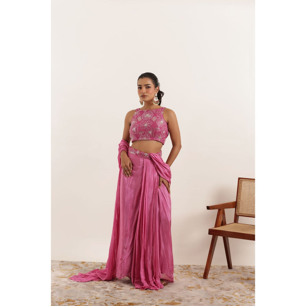 DEASHA INDIA Nazah Pink Pure Silk Pre Draped Saree with Stitched Blouse