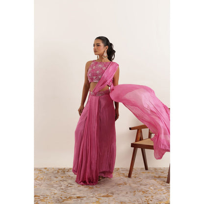 DEASHA INDIA Nazah Pink Pure Silk Pre Draped Saree with Stitched Blouse
