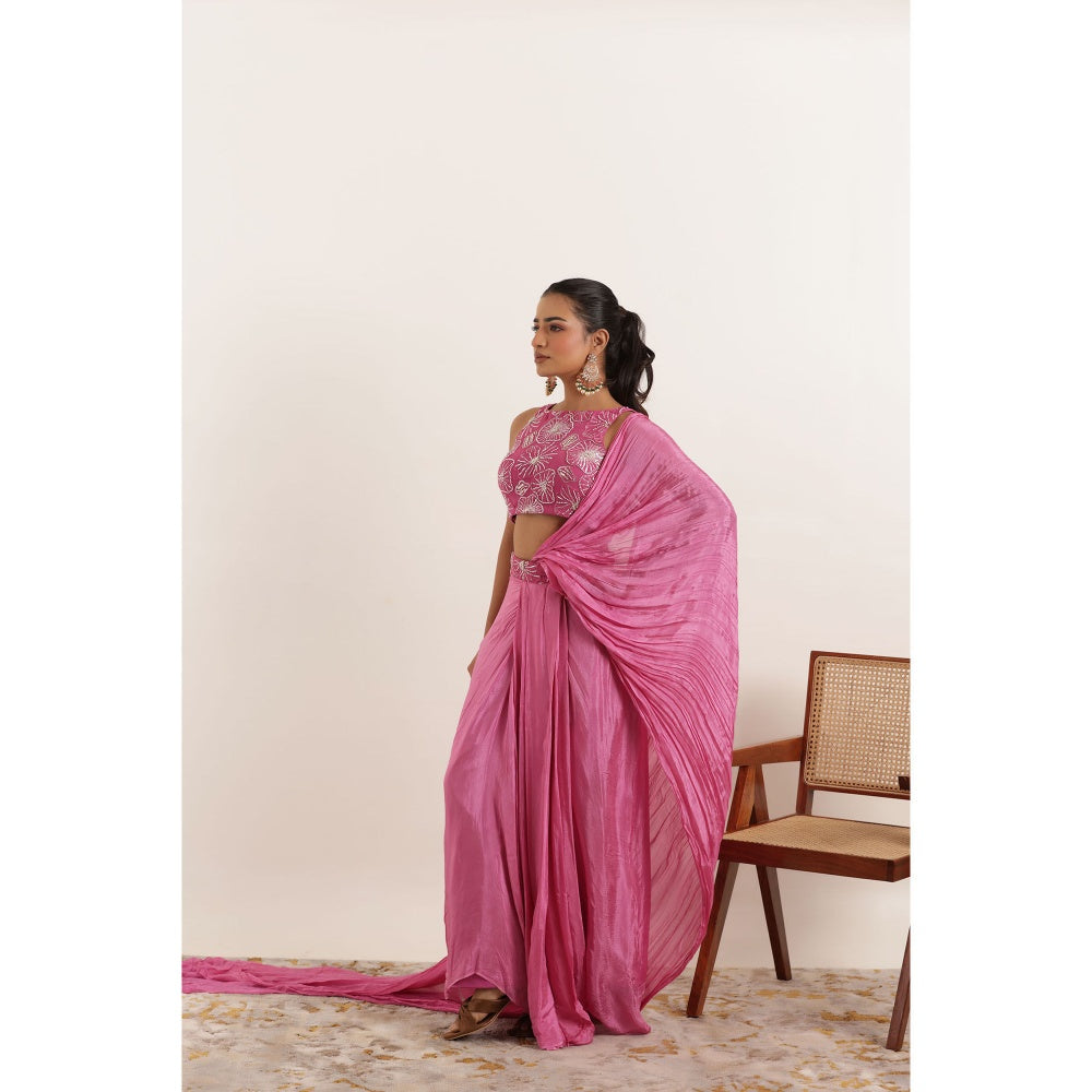 DEASHA INDIA Nazah Pink Pure Silk Pre Draped Saree with Stitched Blouse