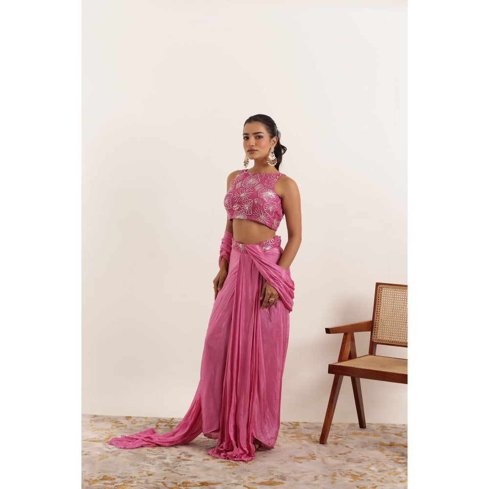 DEASHA INDIA Nazah Pink Pure Silk Pre Draped Saree with Stitched Blouse