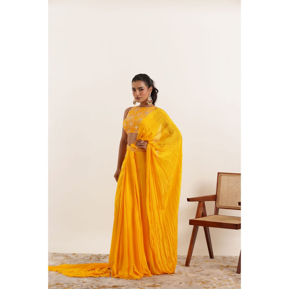 DEASHA INDIA Niara Yellow Pure Silk Pre Draped Saree with Stitched Blouse