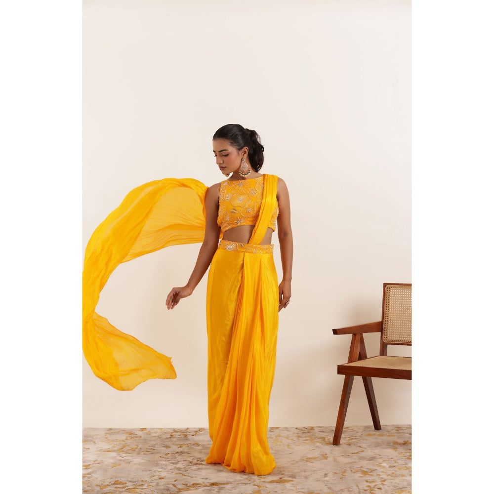 DEASHA INDIA Niara Yellow Pure Silk Pre Draped Saree with Stitched Blouse