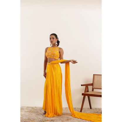 DEASHA INDIA Niara Yellow Pure Silk Pre Draped Saree with Stitched Blouse