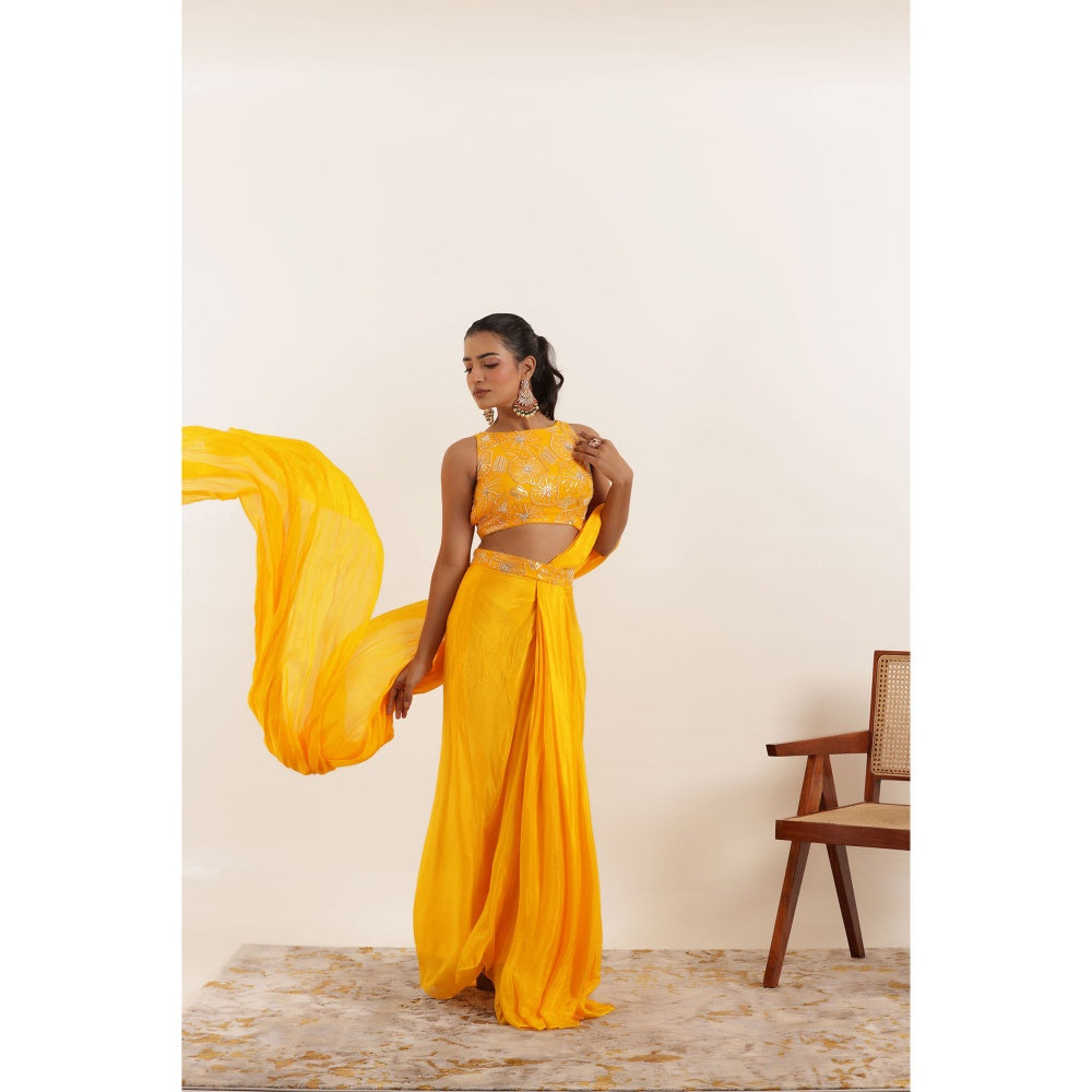 DEASHA INDIA Niara Yellow Pure Silk Pre Draped Saree with Stitched Blouse
