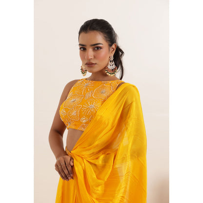 DEASHA INDIA Niara Yellow Pure Silk Pre Draped Saree with Stitched Blouse