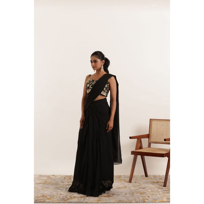 DEASHA INDIA Sanika Black Pre Draped Ruffle Saree with Stitched Blouse