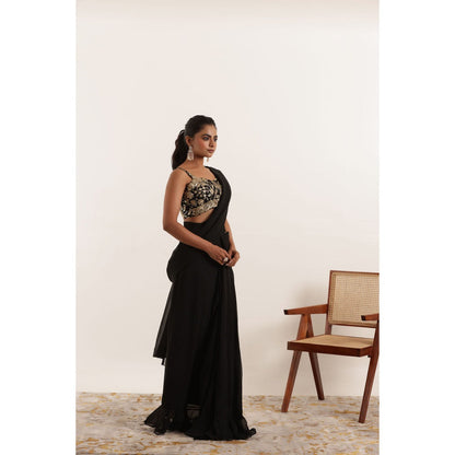 DEASHA INDIA Sanika Black Pre Draped Ruffle Saree with Stitched Blouse
