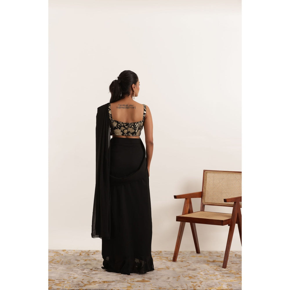 DEASHA INDIA Sanika Black Pre Draped Ruffle Saree with Stitched Blouse