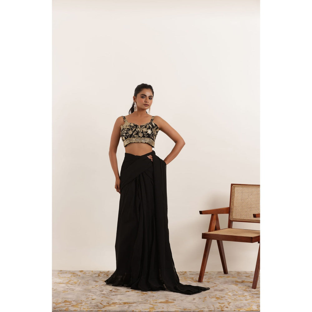 DEASHA INDIA Sanika Black Pre Draped Ruffle Saree with Stitched Blouse