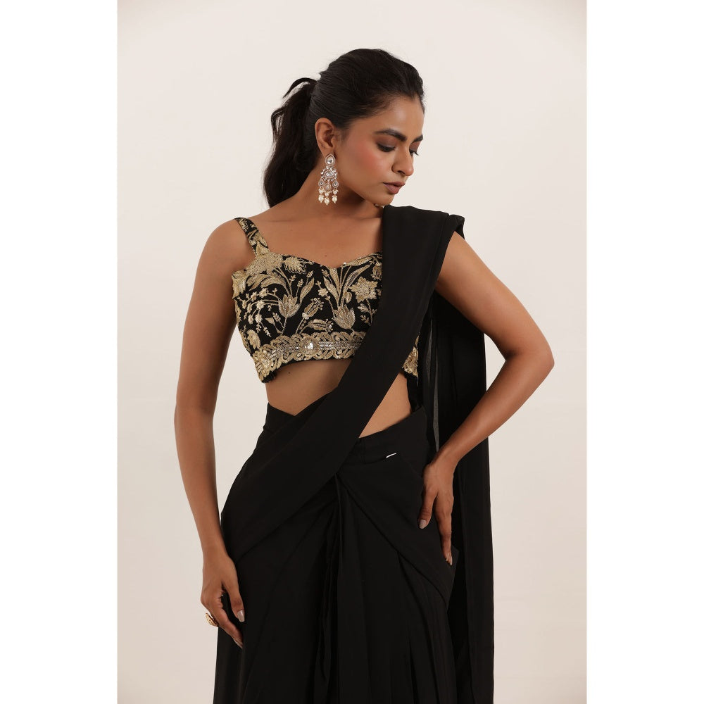 DEASHA INDIA Sanika Black Pre Draped Ruffle Saree with Stitched Blouse