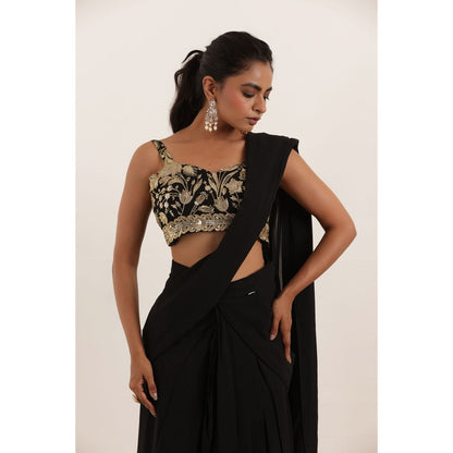 DEASHA INDIA Sanika Black Pre Draped Ruffle Saree with Stitched Blouse