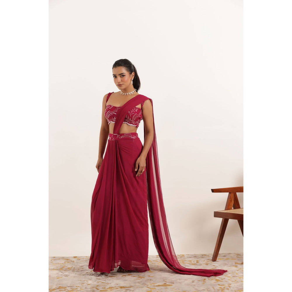 DEASHA INDIA Alina Cherry Pink Pre Draped Saree with Stitched Blouse