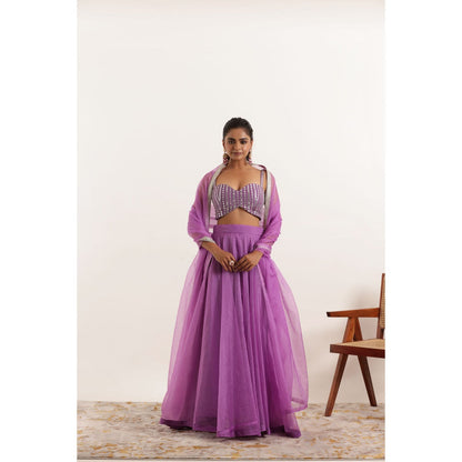 DEASHA INDIA Aahana Lavender Detailed Organza Lehenga with Blouse and Dupatta (Set of 3)