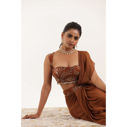 DEASHA INDIA Aashvi Brown Pre Draped Saree with Stitched Blouse
