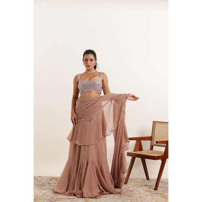 DEASHA INDIA Ameera Mauve Chiku Ruffle Pre Draped Saree with Stitched Blouse
