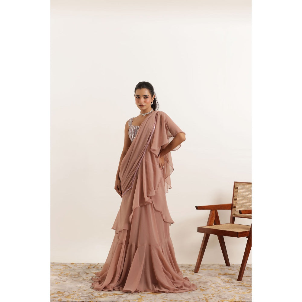 DEASHA INDIA Ameera Mauve Chiku Ruffle Pre Draped Saree with Stitched Blouse