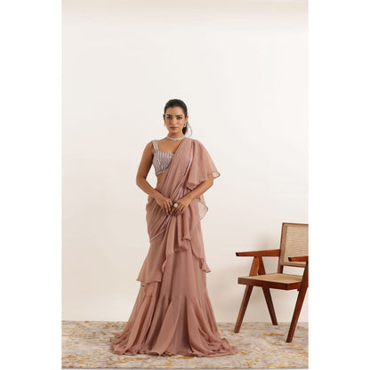DEASHA INDIA Ameera Mauve Chiku Ruffle Pre Draped Saree with Stitched Blouse