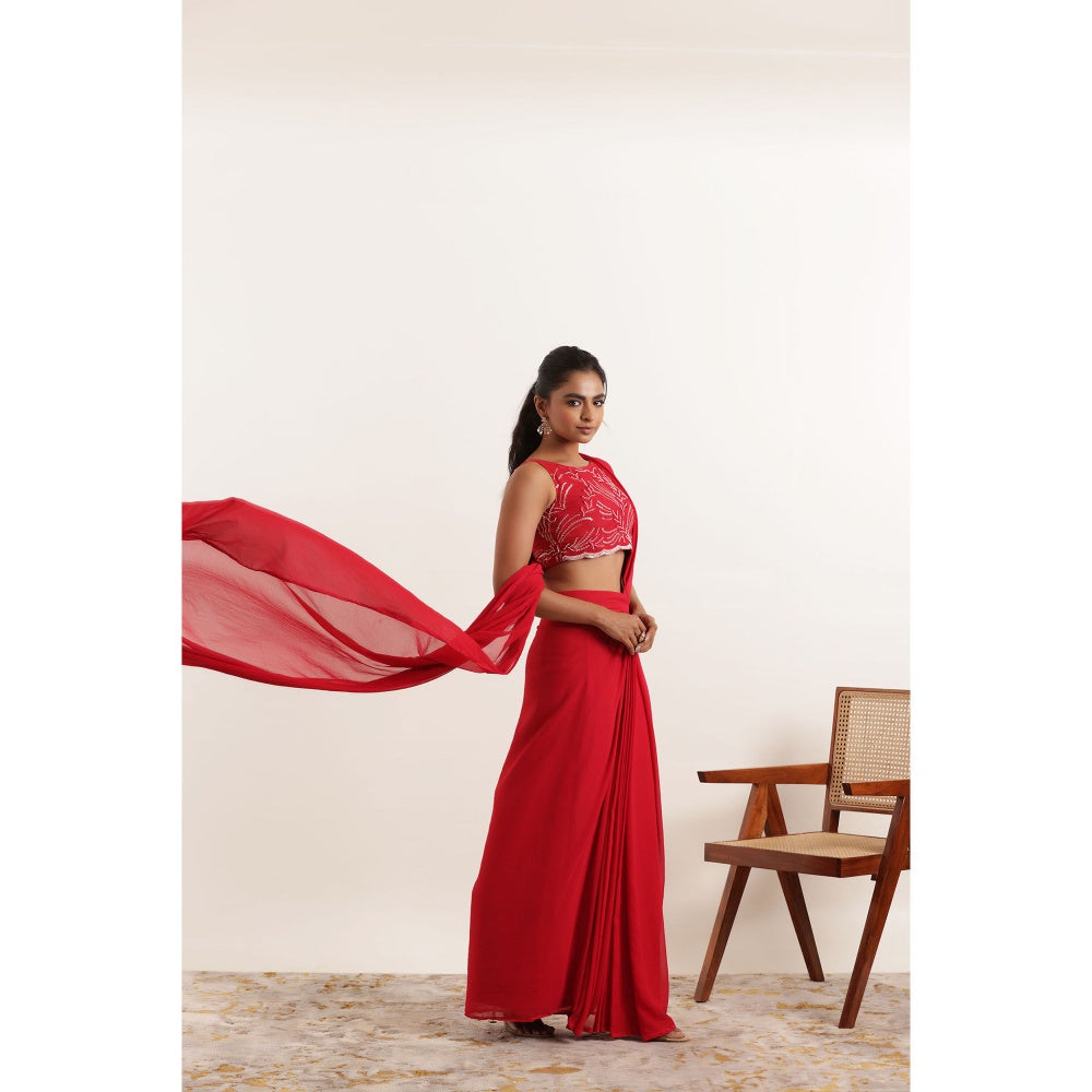 DEASHA INDIA Aria Cherry Red Pre Draped Saree with Stitched Blouse