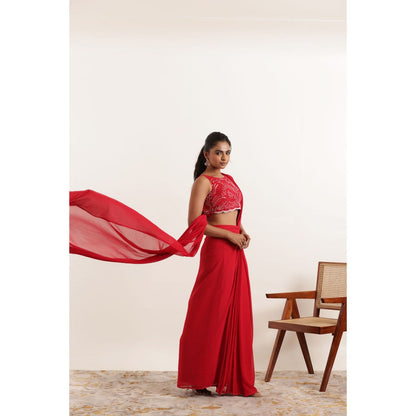 DEASHA INDIA Aria Cherry Red Pre Draped Saree with Stitched Blouse