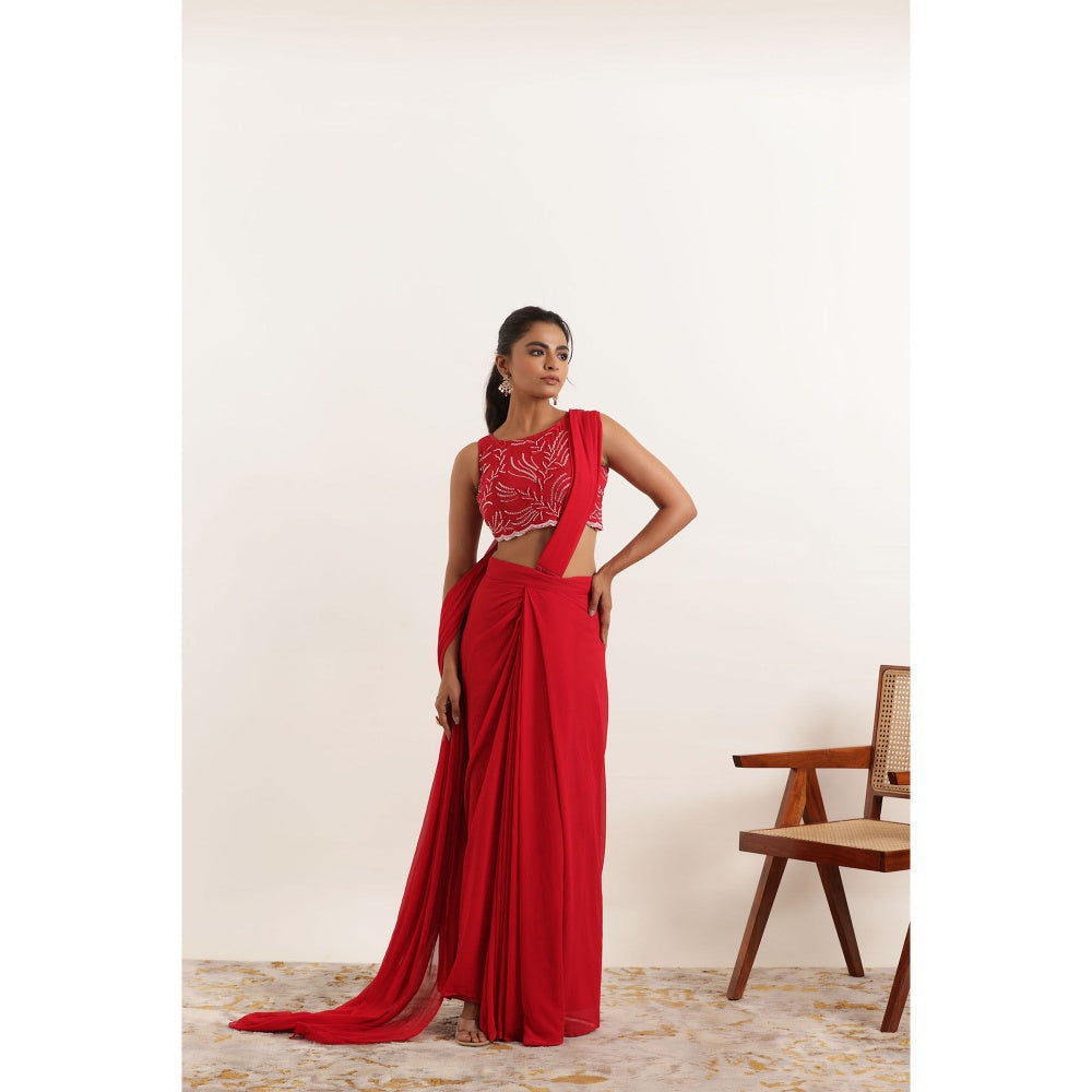 DEASHA INDIA Aria Cherry Red Pre Draped Saree with Stitched Blouse