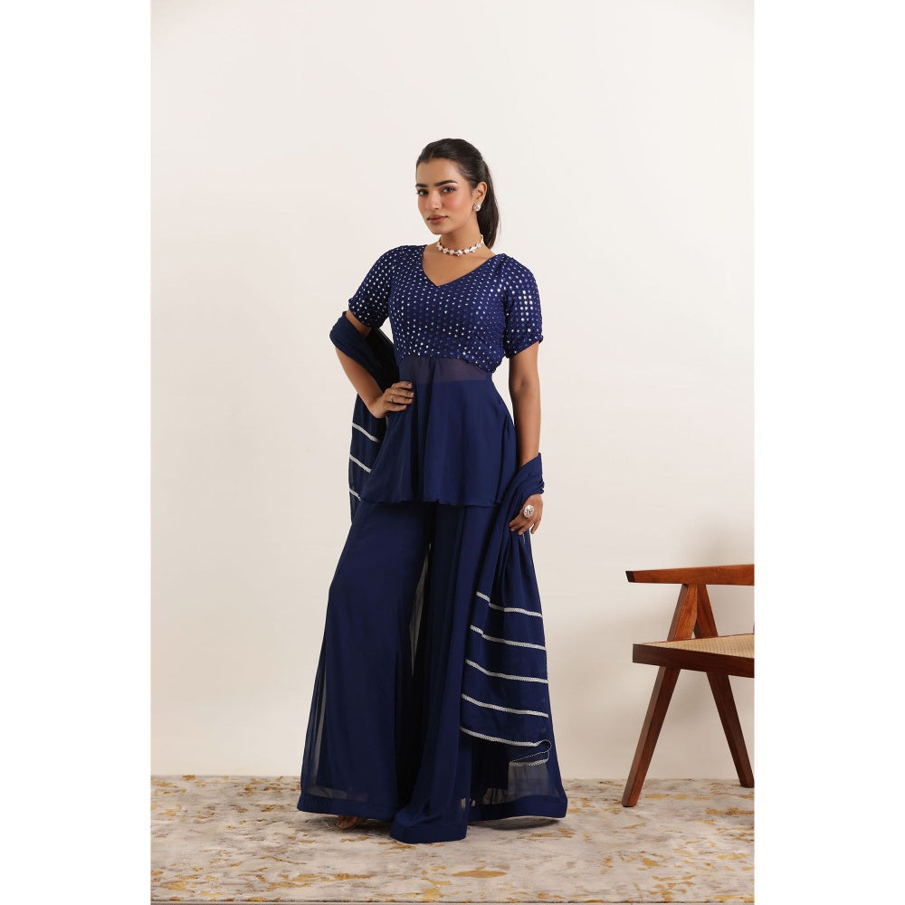 DEASHA INDIA Sitara Blue Kali Sharara with Peplum Kurti and Dupatta (Set of 3)