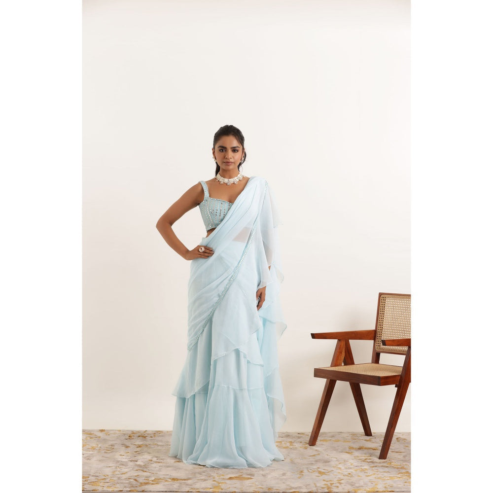 DEASHA INDIA Anoushka Powder Blue Ruffle Saree with Stitched Blouse