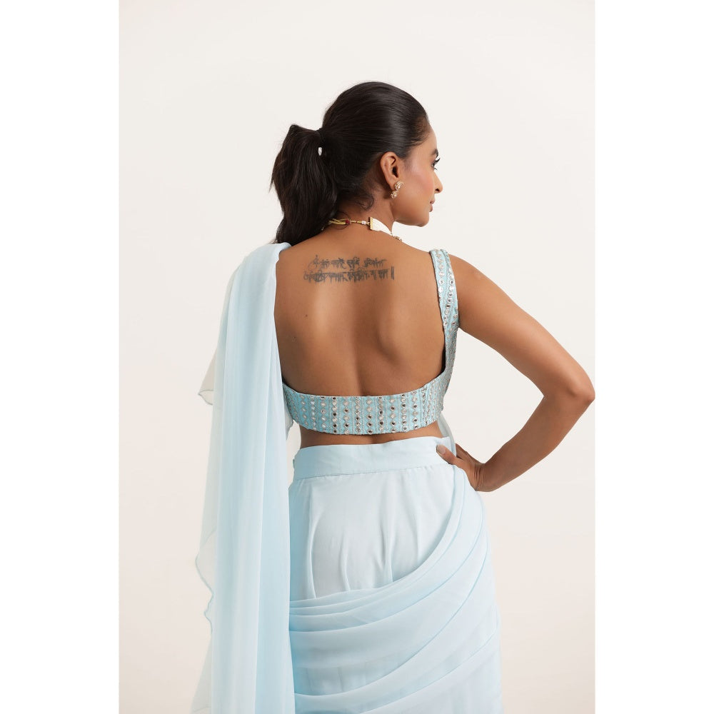 DEASHA INDIA Anoushka Powder Blue Ruffle Saree with Stitched Blouse