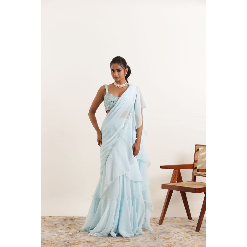 DEASHA INDIA Anoushka Powder Blue Ruffle Saree with Stitched Blouse