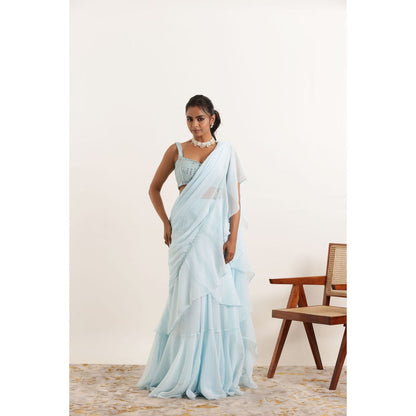 DEASHA INDIA Anoushka Powder Blue Ruffle Saree with Stitched Blouse