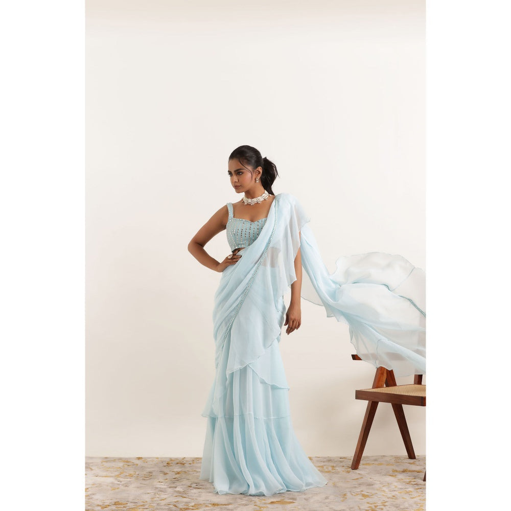 DEASHA INDIA Anoushka Powder Blue Ruffle Saree with Stitched Blouse