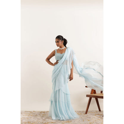 DEASHA INDIA Anoushka Powder Blue Ruffle Saree with Stitched Blouse