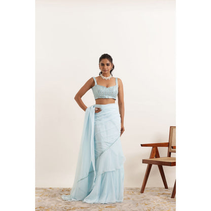 DEASHA INDIA Anoushka Powder Blue Ruffle Saree with Stitched Blouse