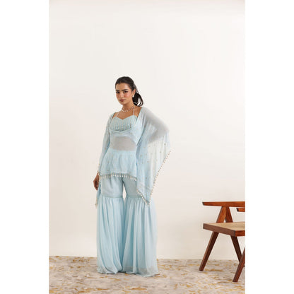 DEASHA INDIA Arya Powder Blue Kaftan Style Top with Sharara and Bustier (Set of 3)