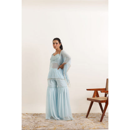 DEASHA INDIA Arya Powder Blue Kaftan Style Top with Sharara and Bustier (Set of 3)