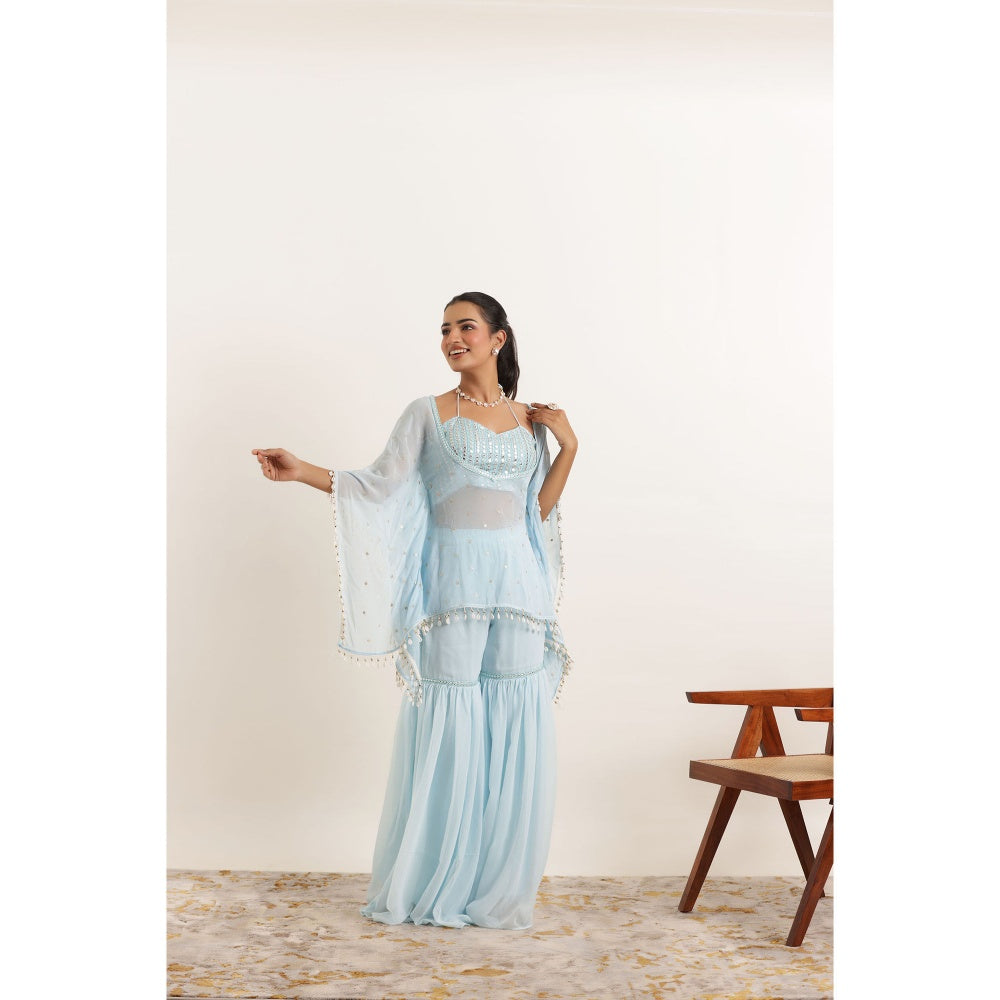DEASHA INDIA Arya Powder Blue Kaftan Style Top with Sharara and Bustier (Set of 3)