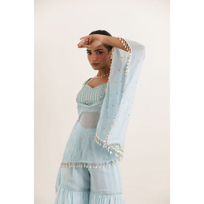 DEASHA INDIA Arya Powder Blue Kaftan Style Top with Sharara and Bustier (Set of 3)