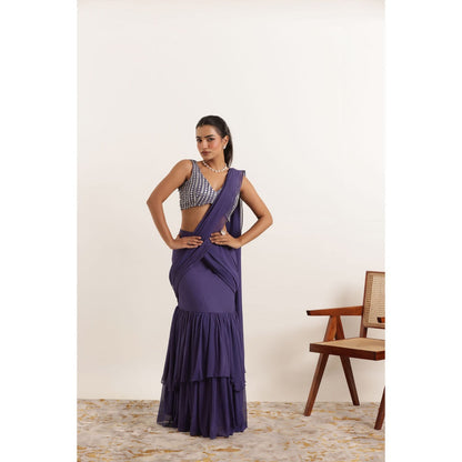 DEASHA INDIA Aarushi Cyber Grape Ruffle Saree with Stitched Blouse