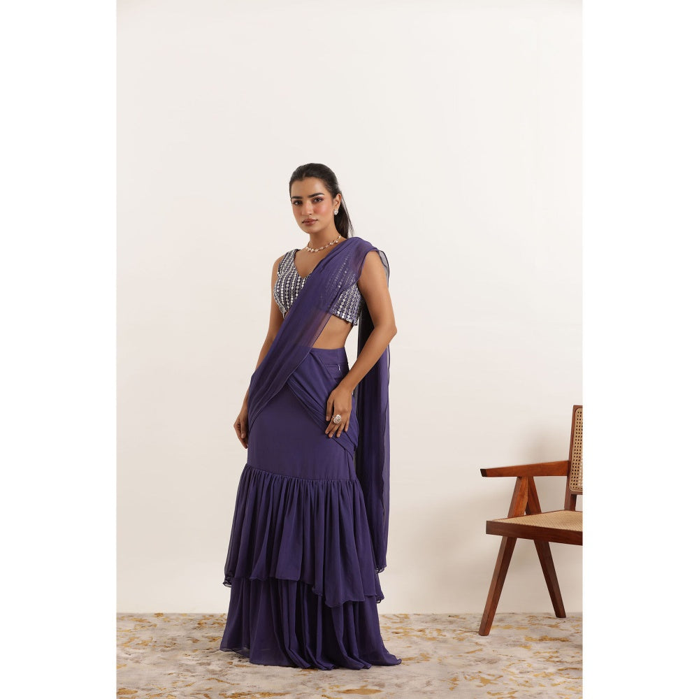DEASHA INDIA Aarushi Cyber Grape Ruffle Saree with Stitched Blouse