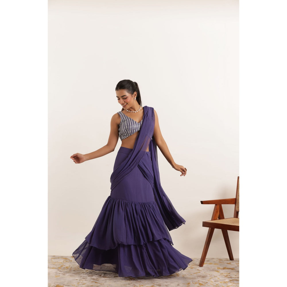 DEASHA INDIA Aarushi Cyber Grape Ruffle Saree with Stitched Blouse