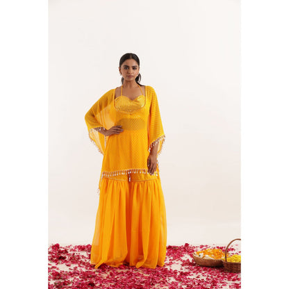 DEASHA INDIA Raya Yellow Mothra Kaftan Style Top with Sharara and Bustier (Set of 3)