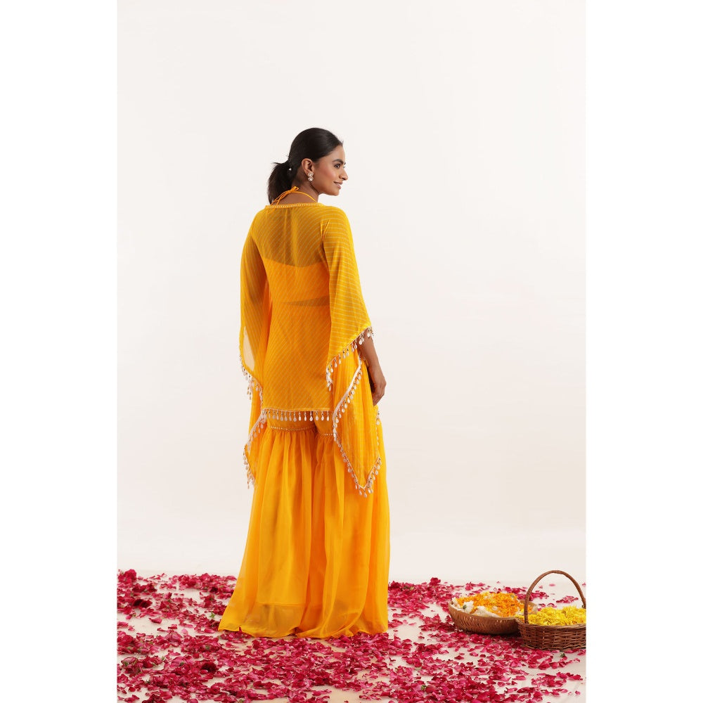 DEASHA INDIA Raya Yellow Mothra Kaftan Style Top with Sharara and Bustier (Set of 3)