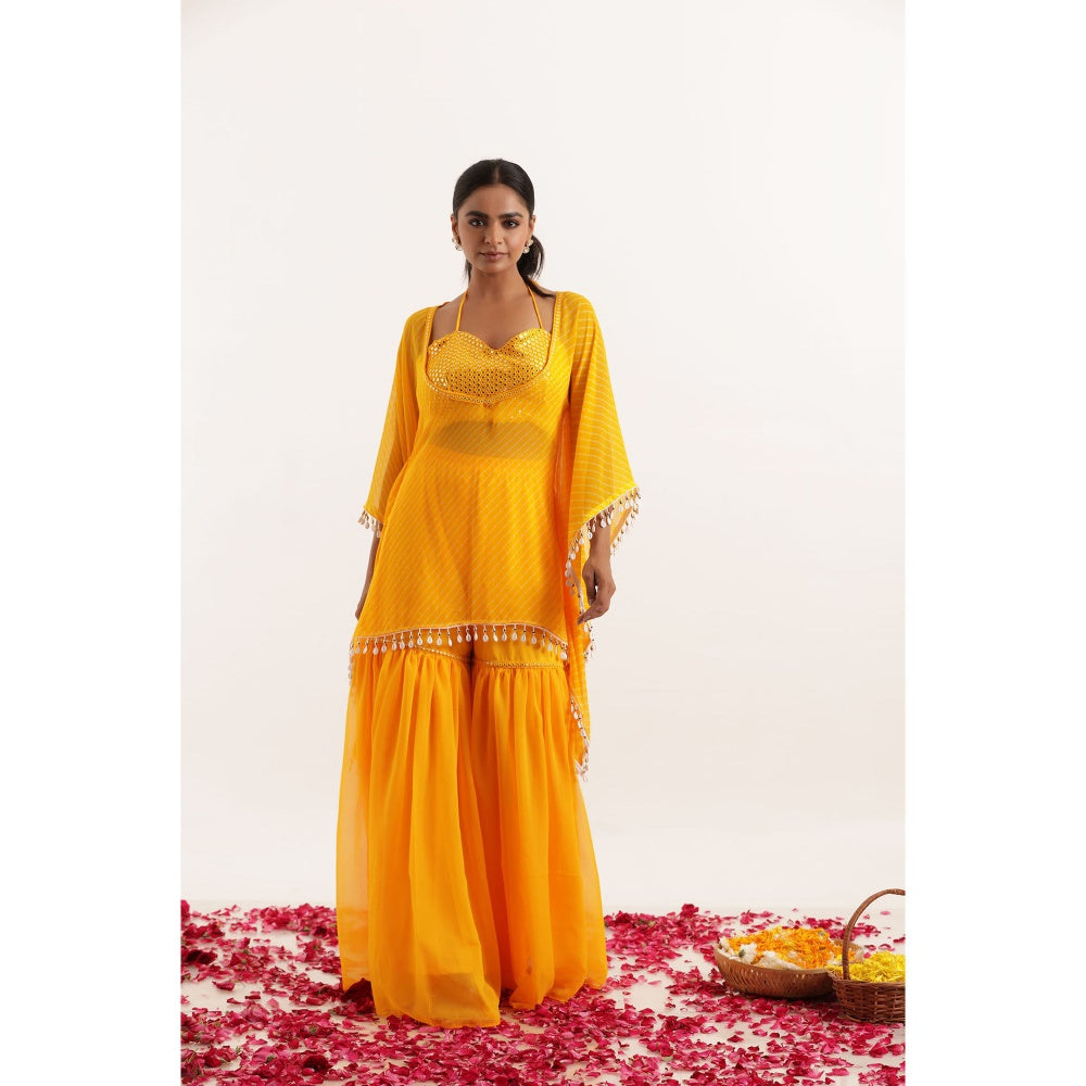 DEASHA INDIA Raya Yellow Mothra Kaftan Style Top with Sharara and Bustier (Set of 3)