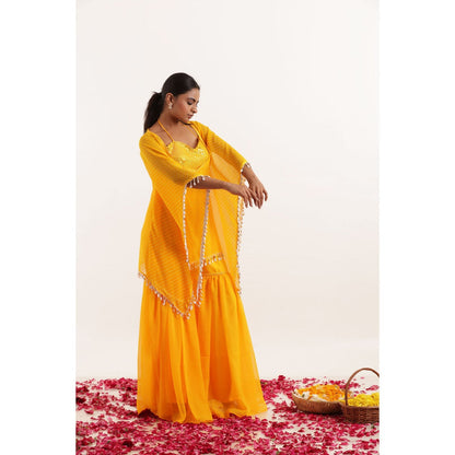 DEASHA INDIA Raya Yellow Mothra Kaftan Style Top with Sharara and Bustier (Set of 3)