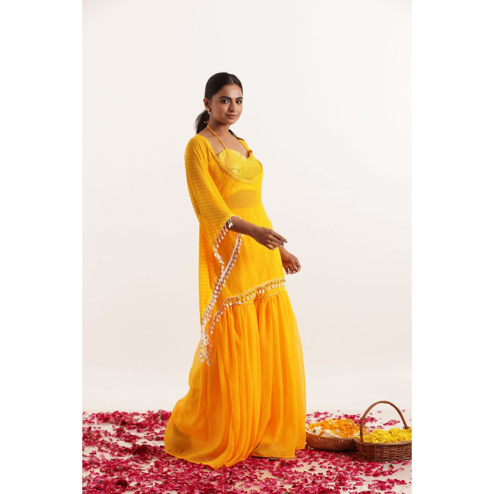 DEASHA INDIA Raya Yellow Mothra Kaftan Style Top with Sharara and Bustier (Set of 3)