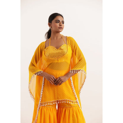 DEASHA INDIA Raya Yellow Mothra Kaftan Style Top with Sharara and Bustier (Set of 3)