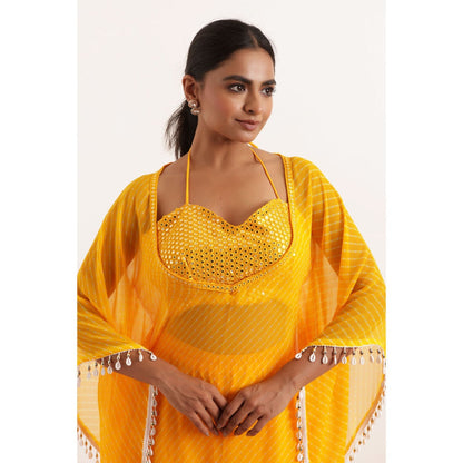 DEASHA INDIA Raya Yellow Mothra Kaftan Style Top with Sharara and Bustier (Set of 3)