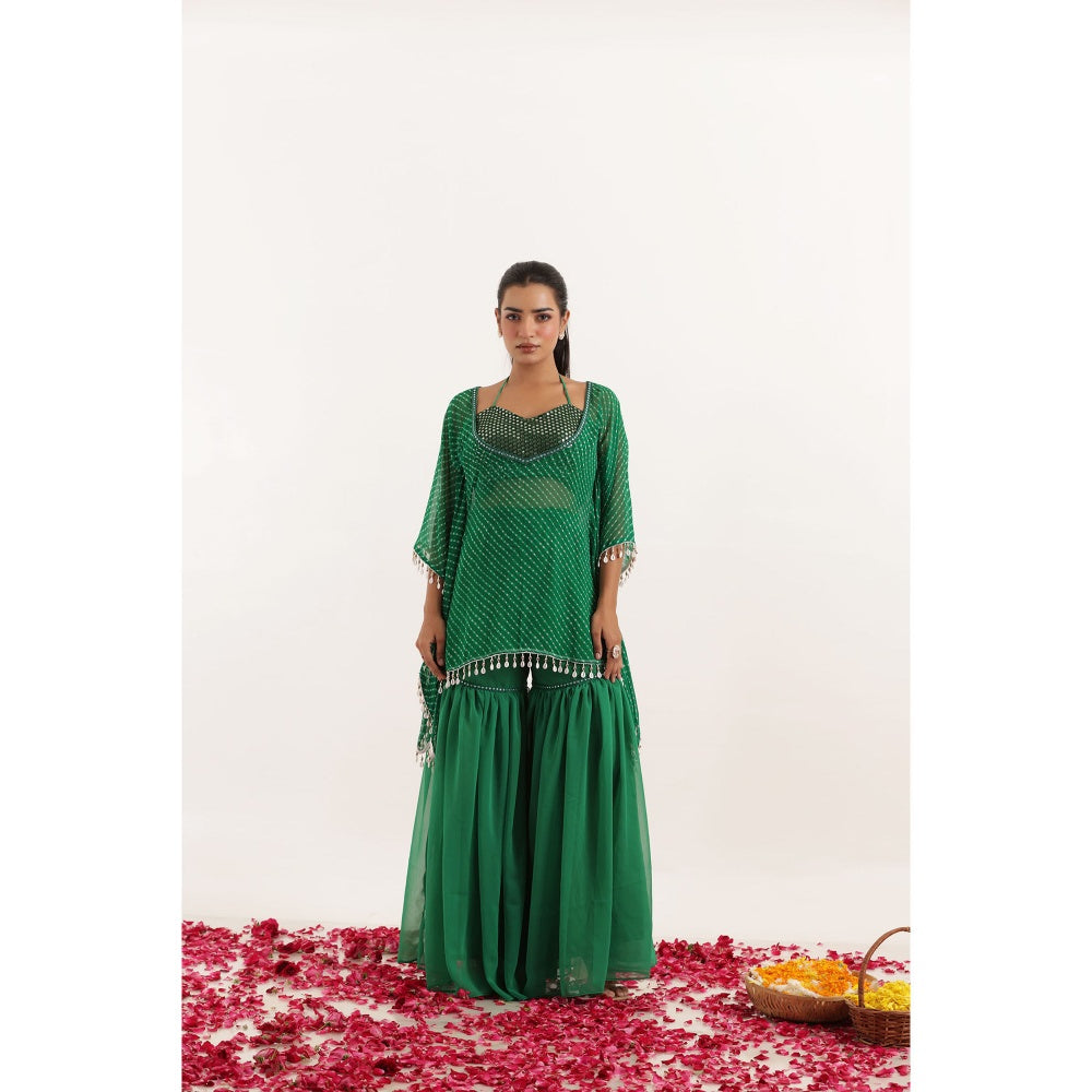 DEASHA INDIA Ramya Green Mothra Kaftan Style Top with Sharara and Bustier (Set of 3)