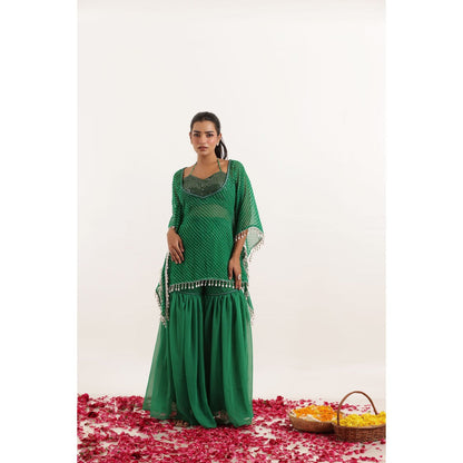 DEASHA INDIA Ramya Green Mothra Kaftan Style Top with Sharara and Bustier (Set of 3)